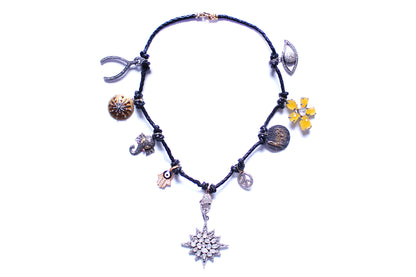 Black Leather Multi Charm Necklace with Diamond Starburst Pendant
