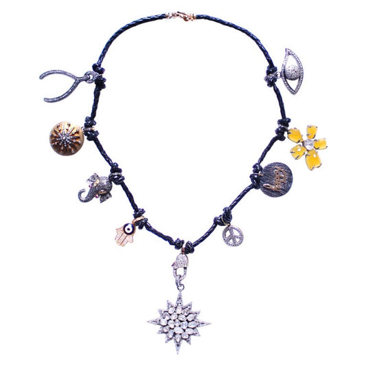 Black Leather Multi Charm Necklace with Diamond Starburst Pendant