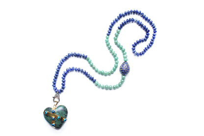 Lapis, Jade, Sapphire, Diamond, 14k Gold Locked Heart Necklace