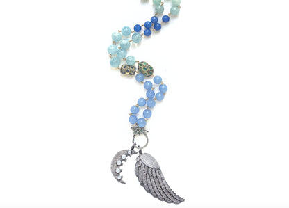 Aquamarine Diamond Moonstone Emerald Tanzanite Angel Wing Crescent Moon Pendant Rosary Necklace