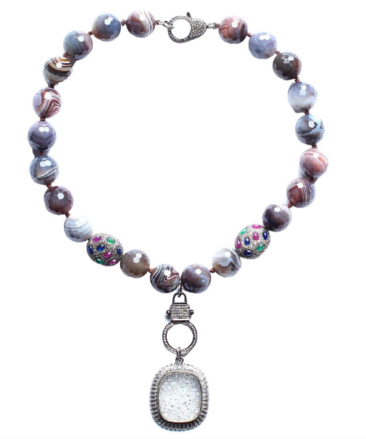 Botswana Agate Diamond  Ruby Sapphire Emerald Beaded Crystal Diamond Shaker Pendant Necklace