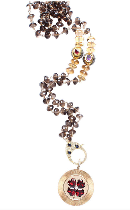 Smoky Brown Quartz 14k Gold Diamond Garnet Ruby Amethyst Clover Pendant Rosary Necklace