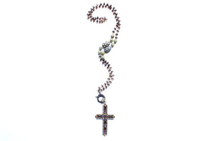 Smoky Brown Quartz Opal Topaz Diamond Peridot Garnet Cross Pendant Rosary Necklace