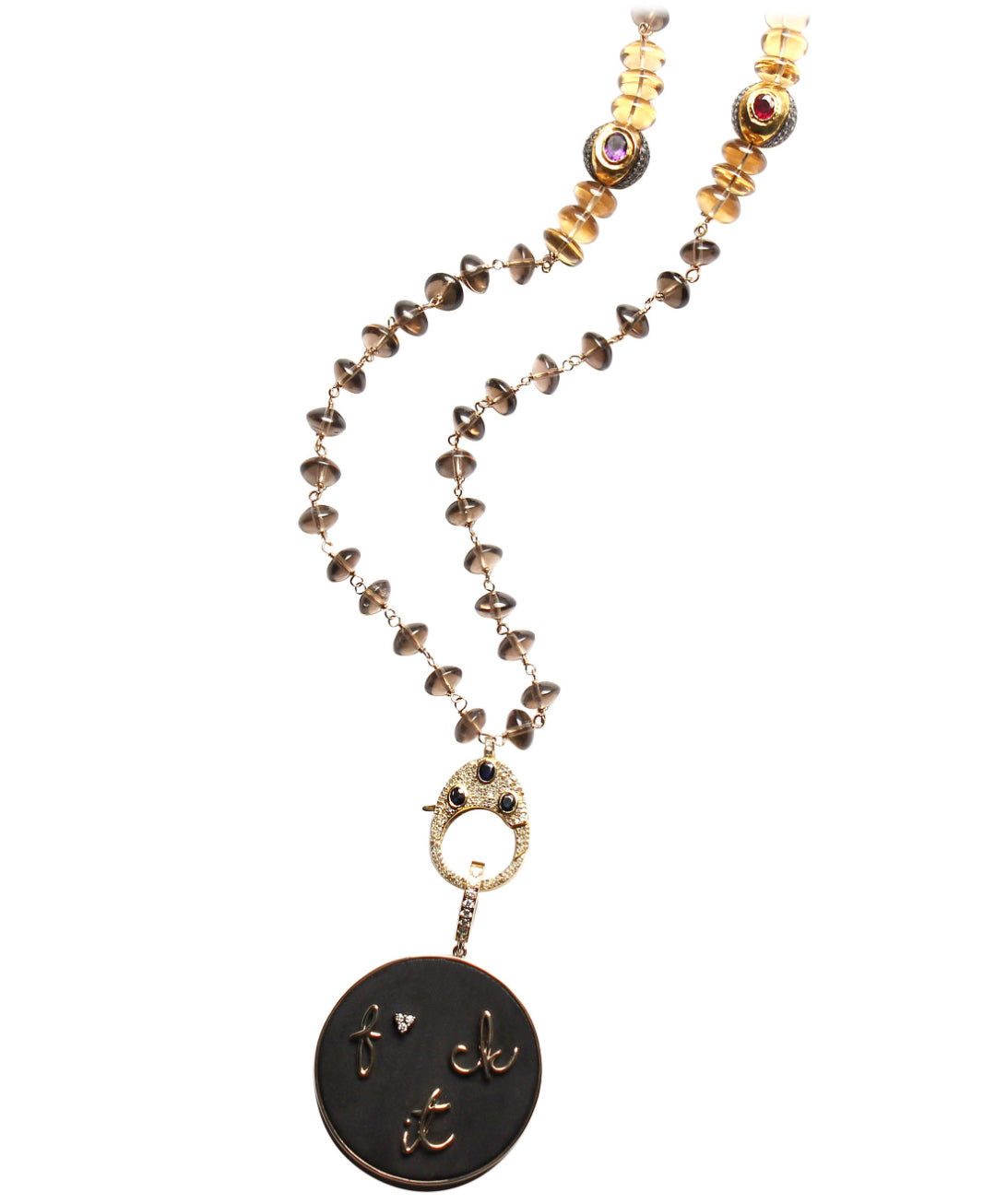 F*Ck It Ebony 14k Gold Pendant & Quartz  Citrine Ruby Amethyst Rosary Necklace