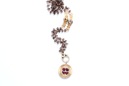 Smoky Brown Quartz 14k Gold Diamond Garnet Ruby Amethyst Clover Pendant Rosary Necklace