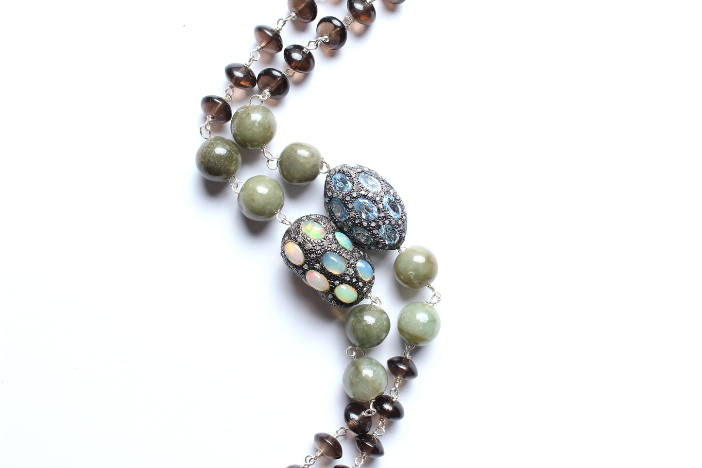 Smoky Brown Quartz Sapphire Opal Topaz Diamond Wing Moon Pendant Rosary Necklace
