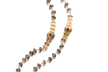F*Ck It Ebony 14k Gold Pendant & Quartz  Citrine Ruby Amethyst Rosary Necklace
