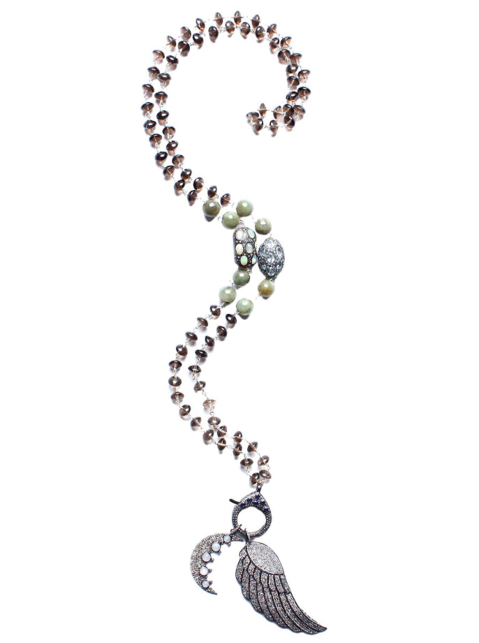 Smoky Brown Quartz Sapphire Opal Topaz Diamond Wing Moon Pendant Rosary Necklace