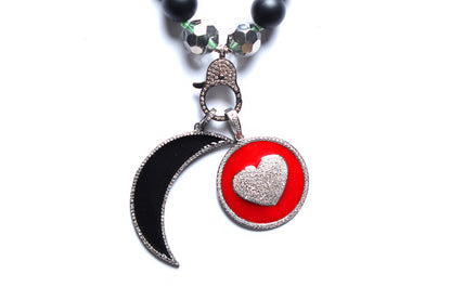 Onyx Crystal Diamond Enamel Heart Moon Pendant Beaded Necklace