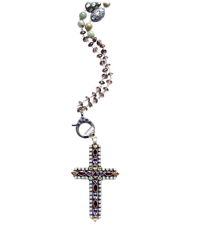 Smoky Brown Quartz Opal Topaz Diamond Peridot Garnet Cross Pendant Rosary Necklace