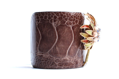 Brown Crocodile Rose Quartz Sapphire Enamel 14k Gold Bracelet