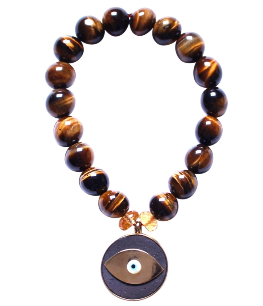 Dark Tiger Eye Citrine Beaded Gold Ebony Evil Eye Bracelet