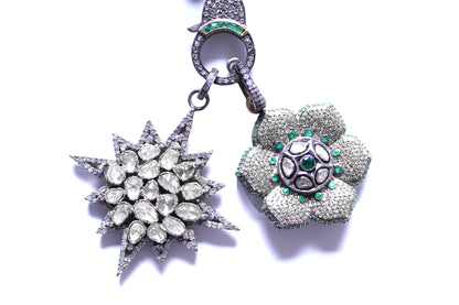 Tourmaline Emerald Gold Rosary Necklace Rose Cut Diamond Starburst & Emerald Diamond FlowerPendant