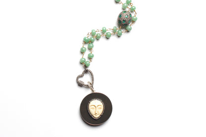 Green Agate Diamond Emerald Rosary & Moon Ebony Pendant