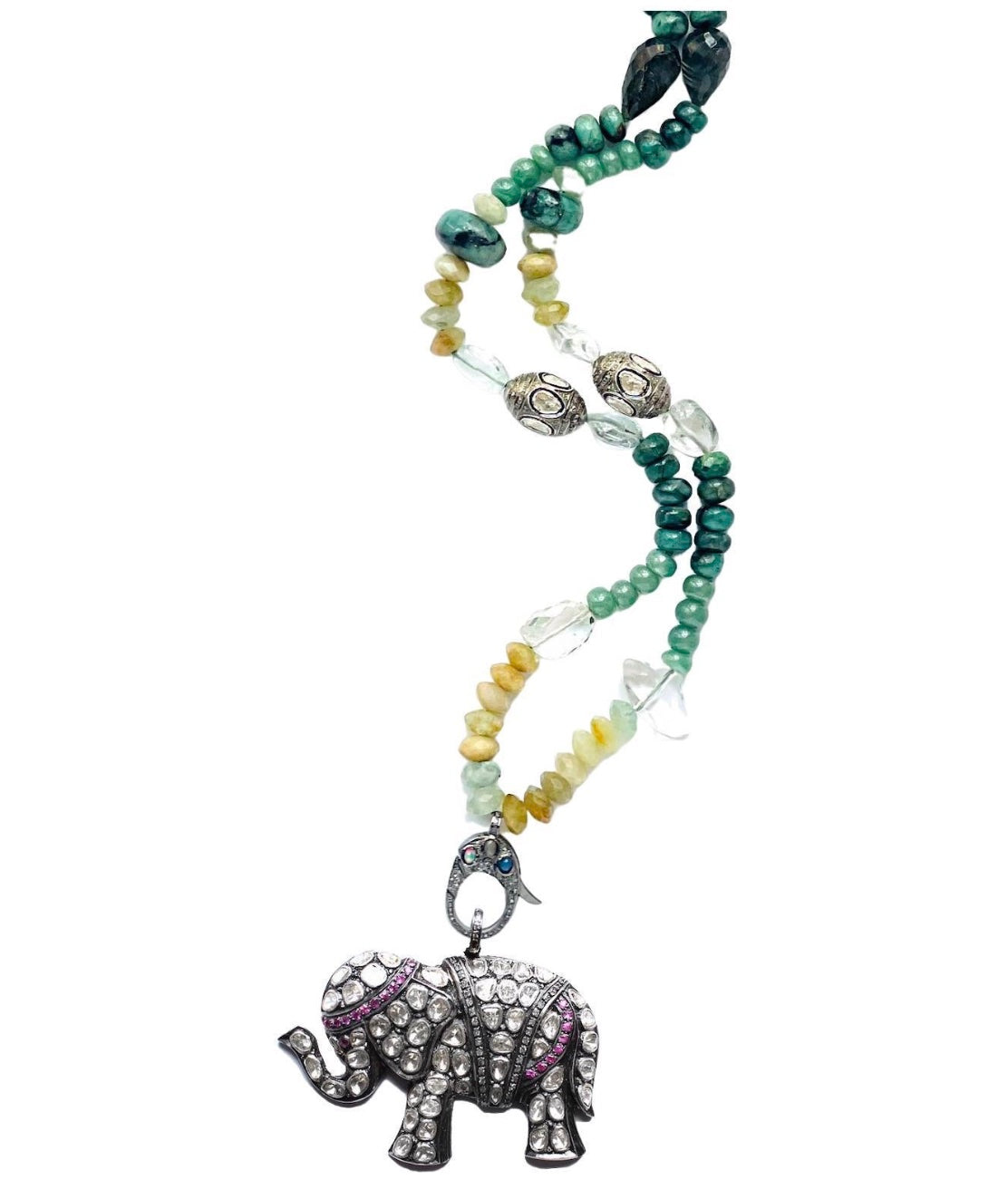Jade Opal Moonstone Diamond Ruby Diamond Elephant Pendant Beaded Necklace