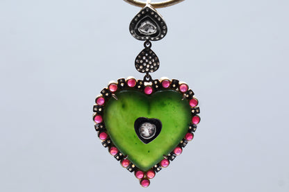Emerald, Ruby, Rose Cut Diamond, 14 Karat Gold Heart Pendant