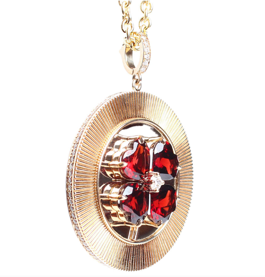 Signature Garnet Clover Diamond 14k SolidGold Medallion Pendant Necklace