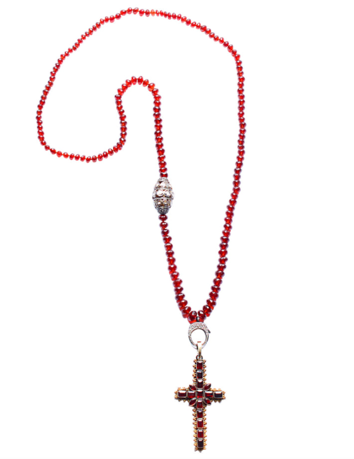 Garnet Rose Cut Diamond Beaded Cross Pendant Beaded Necklace
