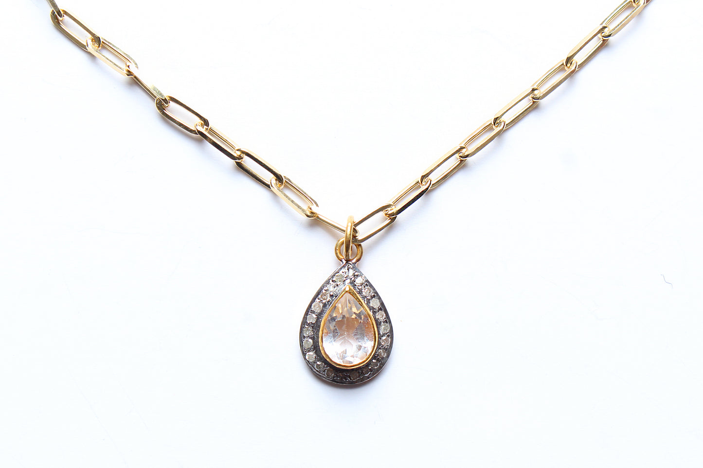 Stackable Diamond Topaz 14k Gold Paper Clip Link Chain Necklace