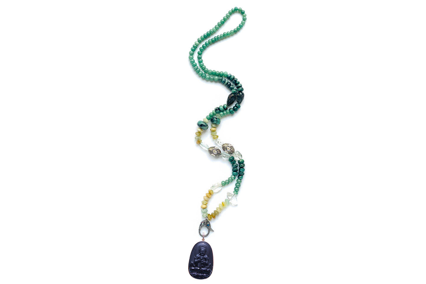 Beaded Opal Jade Moonstone Diamond 14k Gold Volcanic Rock Buddha Pendant Necklace