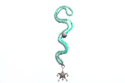 Green Agate Diamond Heart RoseCut Diamond Dangle Star Pendant Beaded Necklace