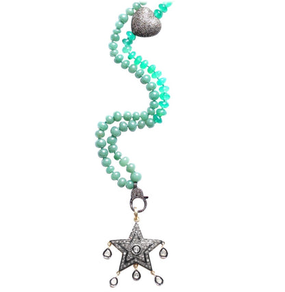 Green Agate Diamond Heart RoseCut Diamond Dangle Star Pendant Beaded Necklace