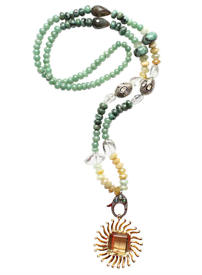 Polki Diamond Opal Jade Moonstone Diamond Citrine Sun Pendant Beaded Necklace