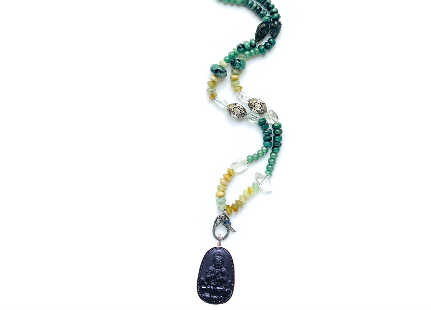 Beaded Opal Jade Moonstone Diamond 14k Gold Volcanic Rock Buddha Pendant Necklace