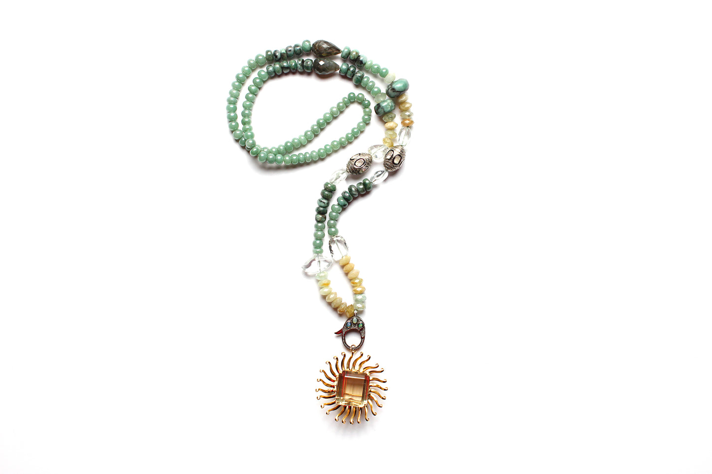 Polki Diamond Opal Jade Moonstone Diamond Citrine Sun Pendant Beaded Necklace