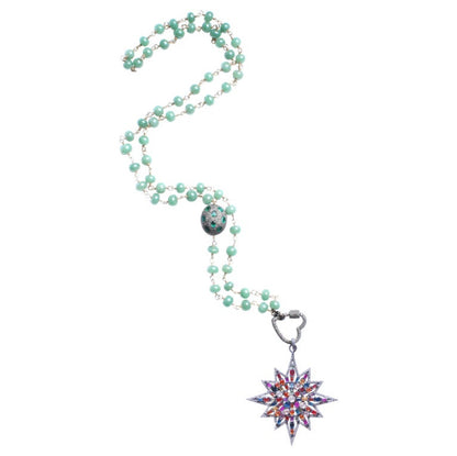 Green Agate Emerald, Sapphire, Peridot, Diamond Starburst Pendant Rosary
