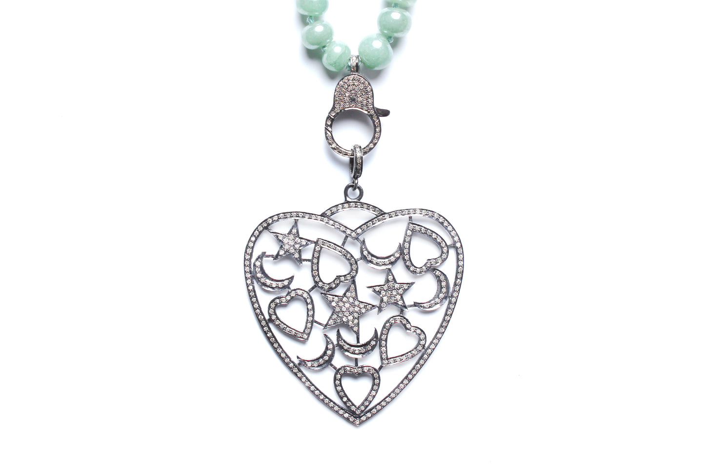 Green Agate, Jade, Diamond Heart Pendant Beaded Necklace