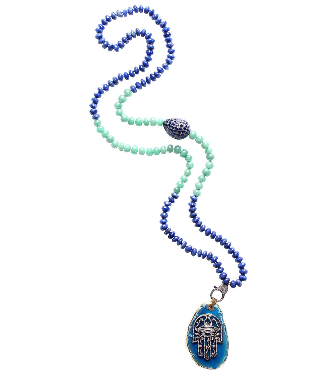 Lapis Lazuli Agate Sapphire Diamond Hamsa Hand Pendant Beaded Necklace