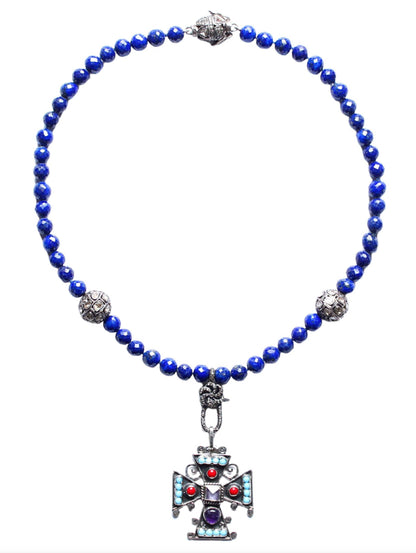 Lapis Lazuli Rose Cut Diamond Sterling Silver Enamel Cross Beaded 18" Necklace