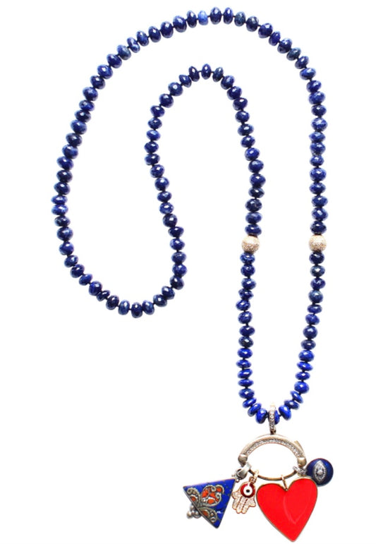 Lapis 14k Gold Multi Charm Pendant Beaded Necklace