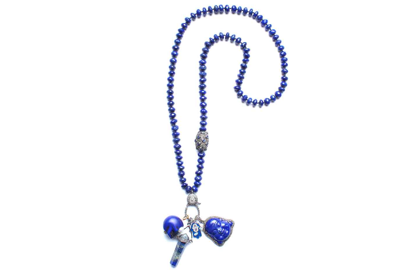 Lapis, Sapphire, Diamond, Silver Multi Charm Beaded Necklace