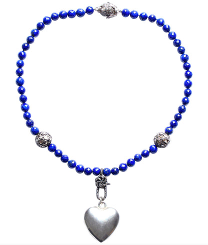 Lapis Rose cut Diamond Sterling Silver Heart 18" Beaded Necklace