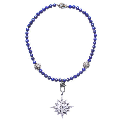 Short Lapis Lazuli, Rose Cut Diamond, Starburst Pendant Necklace