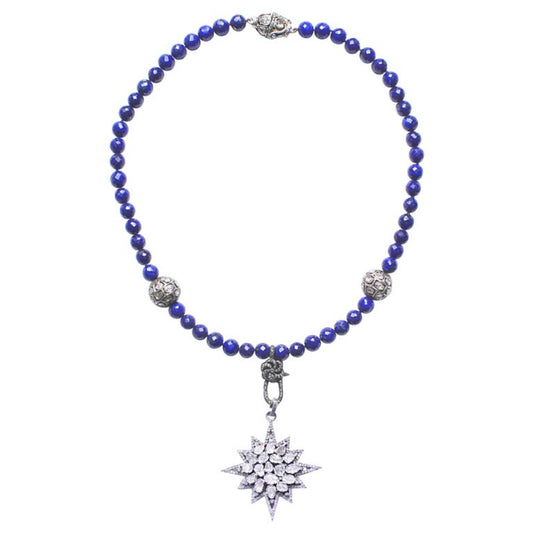 Short Lapis Lazuli, Rose Cut Diamond, Starburst Pendant Necklace