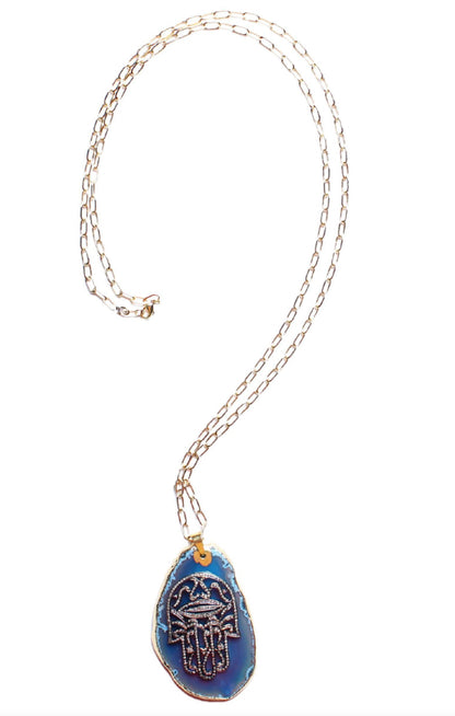 Agate Diamond Hamsa Hand 14k Gold 35" Chain Pendant Necklace
