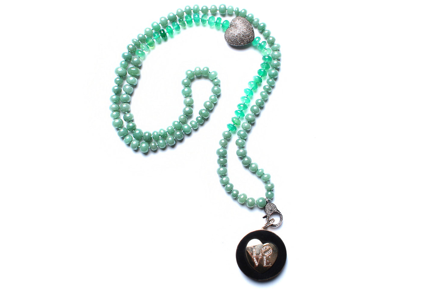 Green Onyx Ebony 14 Gold 'LOVE' Beaded Necklace