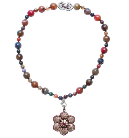 Agate Sapphire Diamond Ruby Enamel Flower Pendant Necklace