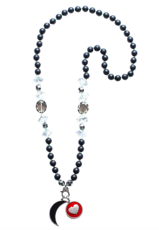 Onyx Crystal Diamond Enamel Heart Moon Pendant Beaded Necklace