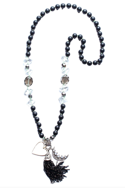 Onyx Crystal Green Thread Crescent Diamond Moonstone Onyx Diamond Tassel Enamel Heart Necklace