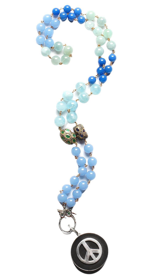 Chalcedony Aquamarine Opal Emerald Rosary & Ebony Diamond Peace Pendant