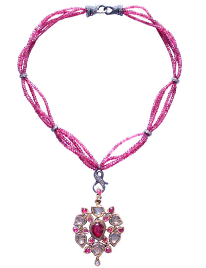 Pink Agate Diamond Crystal Ruby Indian Detailed Vintage Pendant Beaded Multi Strand Necklace