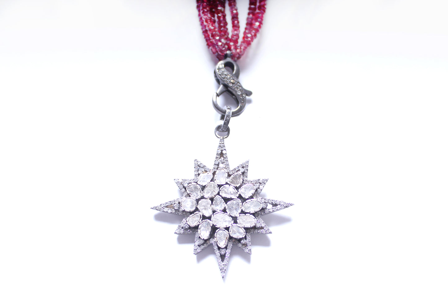 Tourmaline Emerald Rose Cut Diamond Gold Rosary Starburst & Small Emerald Flower Pendant Necklace