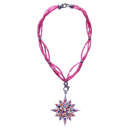 Pink Agate Diamond Sapphire Peridot Starburst Pendant Necklace