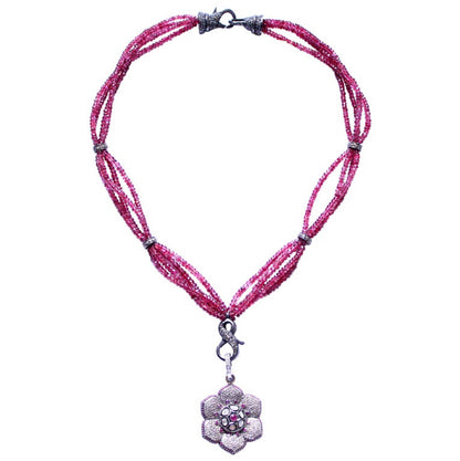Pink Agate Rose Cut Diamond Ruby Flower Pendant Beaded Necklace