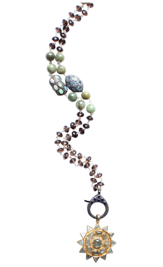 Smoky Brown Quartz Diamond Opal Aquamarine Topaz 14k Gold Rosary Necklace