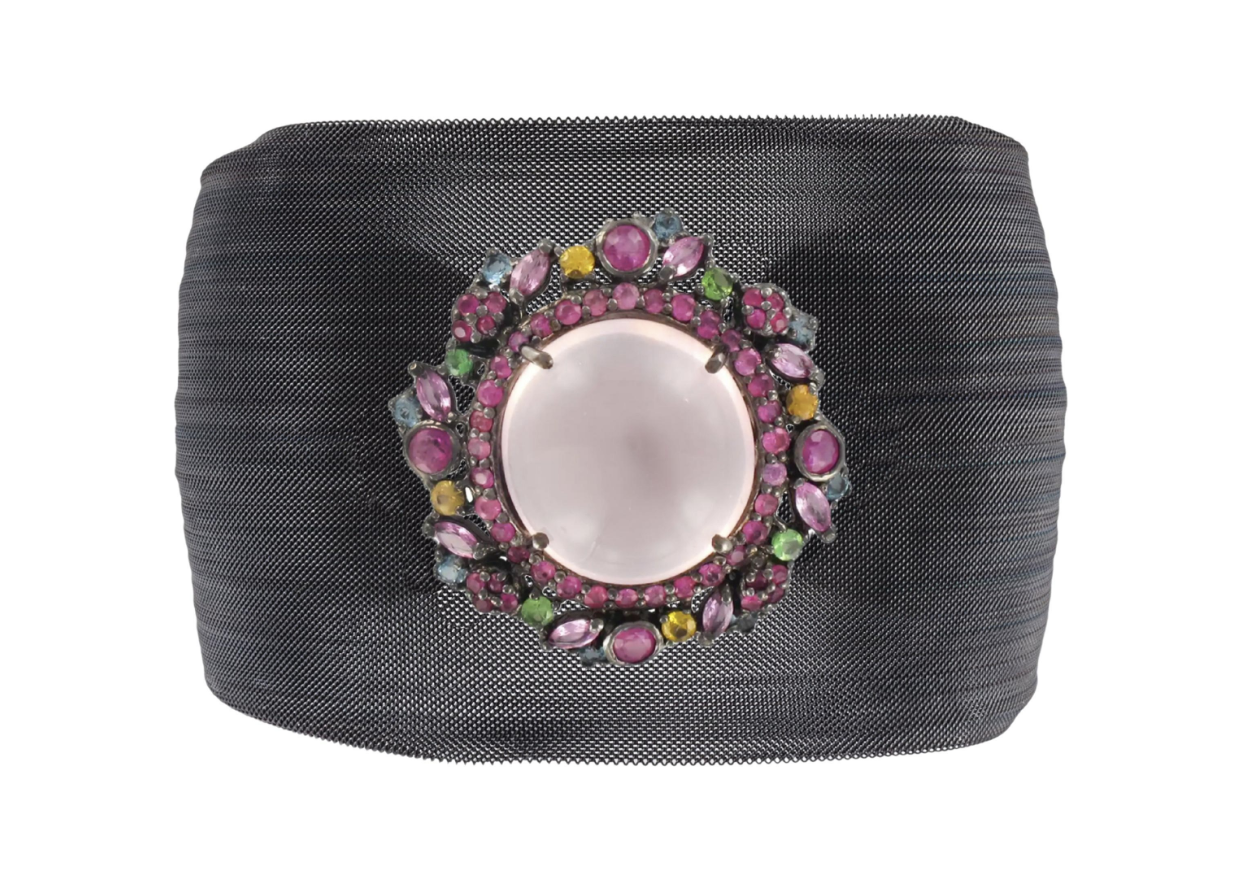 Quartz Pink Sapphire Mesh Cuff Bracelet